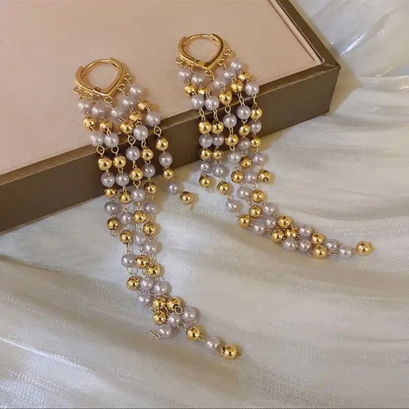 Long Gold and White Pearl Tassels Earrings - Picture 2 of 7